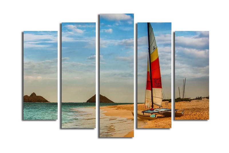 Suuri 5-osainen canvas-taulu 105x70 cm - Purjevene rannalla kirkkailla vesillä ja hiekkadyyneillä, Sininen / Oranssi / Keltainen