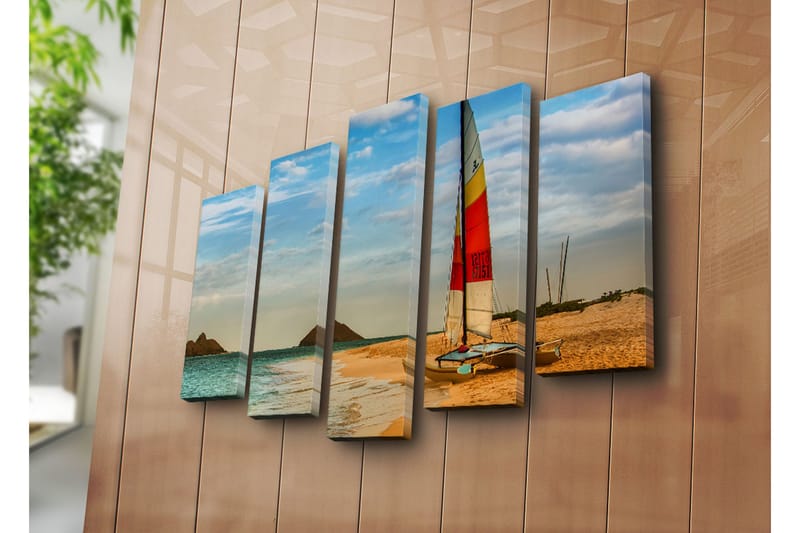 Suuri 5-osainen canvas-taulu 105x70 cm - Purjevene rannalla kirkkailla vesillä ja hiekkadyyneillä - Sininen / Oranssi / Keltainen - Sisustustuotteet - Taulu & taide - Canvas-taulu