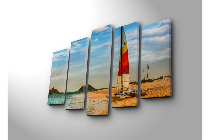 Suuri 5-osainen canvas-taulu 105x70 cm - Purjevene rannalla kirkkailla vesillä ja hiekkadyyneillä - Sininen / Oranssi / Keltainen - Sisustustuotteet - Taulu & taide - Canvas-taulu