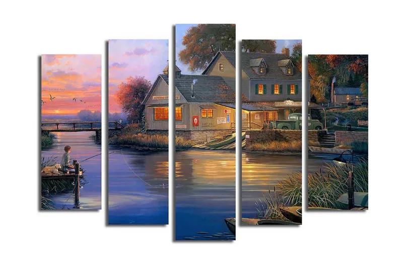 Suuri 5-osainen canvas-taulu 105x70 cm - Poika kalastamassa järvellä auringonlaskun valossa, Sininen / Oranssi / Vihreä