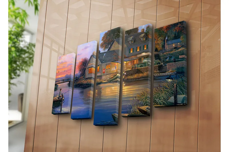 Suuri 5-osainen canvas-taulu 105x70 cm - Poika kalastamassa järvellä auringonlaskun valossa - Sininen / Oranssi / Vihreä - Sisustustuotteet - Taulu & taide - Canvas-taulu