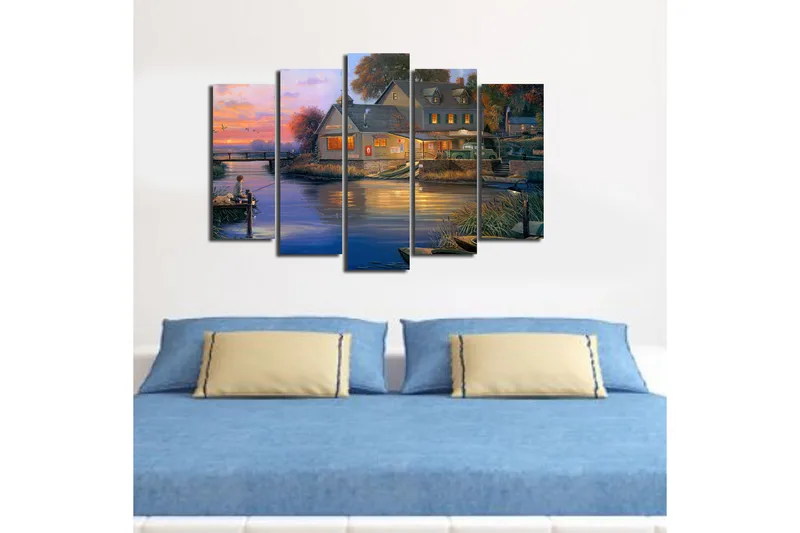 Suuri 5-osainen canvas-taulu 105x70 cm - Poika kalastamassa järvellä auringonlaskun valossa - Sininen / Oranssi / Vihreä - Sisustustuotteet - Taulu & taide - Canvas-taulu