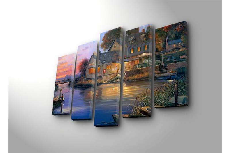Suuri 5-osainen canvas-taulu 105x70 cm - Poika kalastamassa järvellä auringonlaskun valossa - Sininen / Oranssi / Vihreä - Sisustustuotteet - Taulu & taide - Canvas-taulu