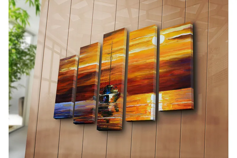 Suuri 5-osainen canvas-taulu 105x70 cm - Purjevene auringonlaskussa heijastuksilla vedessä - Oranssi / Punainen / Sininen - Sisustustuotteet - Taulu & taide - Canvas-taulu