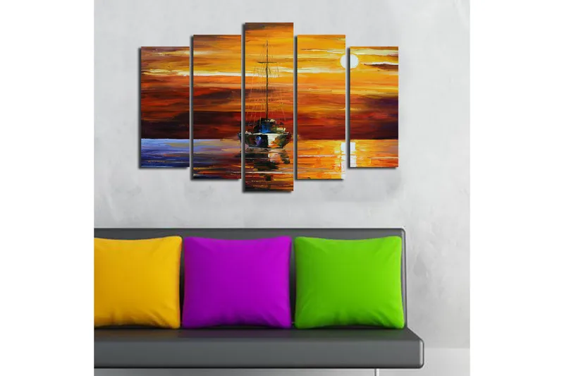 Suuri 5-osainen canvas-taulu 105x70 cm - Purjevene auringonlaskussa heijastuksilla vedessä - Oranssi / Punainen / Sininen - Sisustustuotteet - Taulu & taide - Canvas-taulu