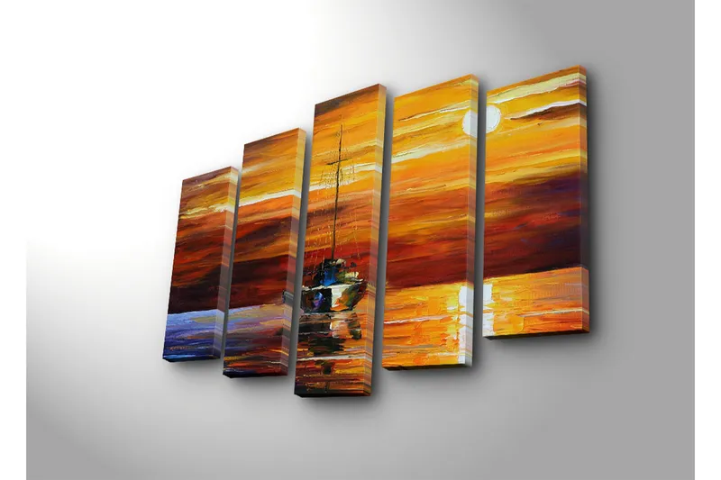 Suuri 5-osainen canvas-taulu 105x70 cm - Purjevene auringonlaskussa heijastuksilla vedessä - Oranssi / Punainen / Sininen - Sisustustuotteet - Taulu & taide - Canvas-taulu