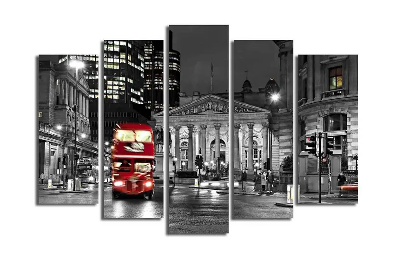 Suuri 5-osainen canvas-taulu 105x70 cm - Punainen kaksikerroksinen bussi kaupungin kadulla yöympäristössä, Punainen / Musta / Harmaa