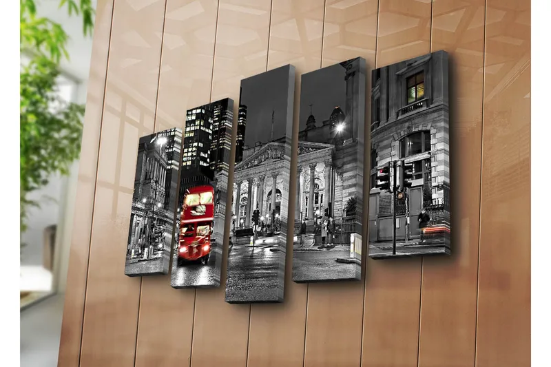 Suuri 5-osainen canvas-taulu 105x70 cm - Punainen kaksikerroksinen bussi kaupungin kadulla yöympäristössä - Punainen / Musta / Harmaa - Sisustustuotteet - Taulu & taide - Canvas-taulu