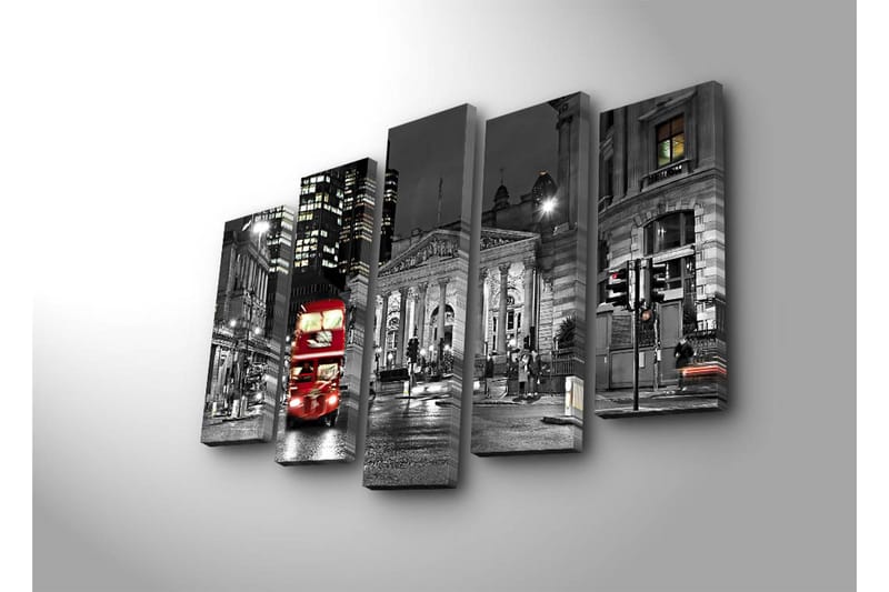 Suuri 5-osainen canvas-taulu 105x70 cm - Punainen kaksikerroksinen bussi kaupungin kadulla yöympäristössä - Punainen / Musta / Harmaa - Sisustustuotteet - Taulu & taide - Canvas-taulu