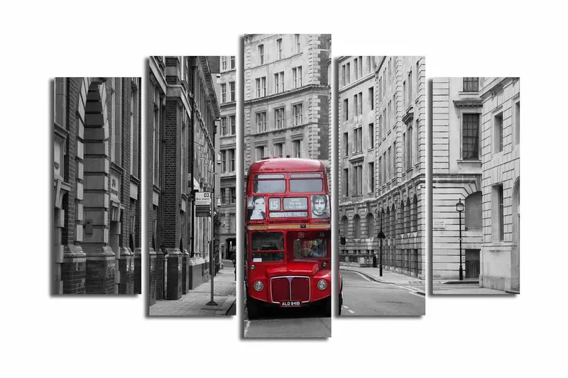 Suuri 5-osainen canvas-taulu 105x70 cm - Punainen kaksikerroksinen bussi harmaalla kaupunkikadulla, Punainen / Harmaa