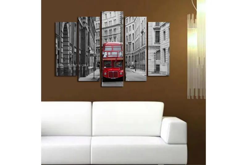 Suuri 5-osainen canvas-taulu 105x70 cm - Punainen kaksikerroksinen bussi harmaalla kaupunkikadulla - Punainen / Harmaa - Sisustustuotteet - Taulu & taide - Canvas-taulu