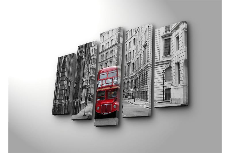 Suuri 5-osainen canvas-taulu 105x70 cm - Punainen kaksikerroksinen bussi harmaalla kaupunkikadulla - Punainen / Harmaa - Sisustustuotteet - Taulu & taide - Canvas-taulu