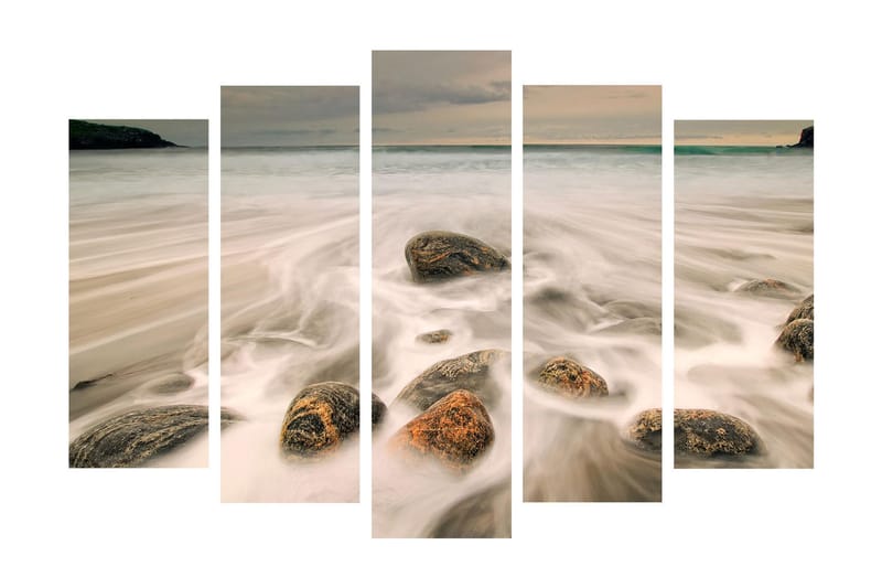 Suuri 5-osainen canvas-taulu 105x70 cm - Pehmeä merimaisema kivillä ja aalloilla - Harmaa / Beige / Musta - Sisustustuotteet - Taulu & taide - Canvas-taulu