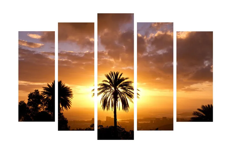 Suuri 5-osainen canvas-taulu 105x70 cm - Palmujen siluetti auringonlaskua vasten lämpimin sävyin, Oranssi / Kulta / Musta