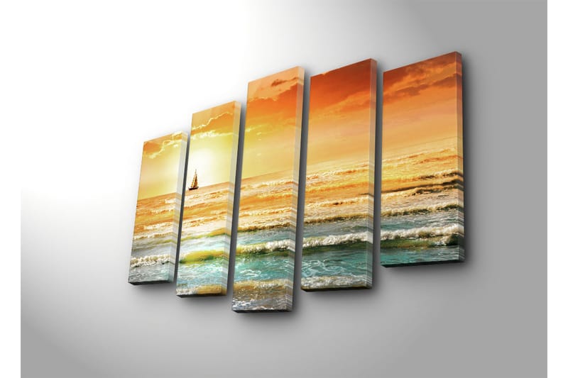 Suuri 5-osainen canvas-taulu 105x70 cm - Purjevene kimaltelevalla merellä auringonlaskun väreissä - Oranssi / Sininen / Kulta - Sisustustuotteet - Taulu & taide - Canvas-taulu