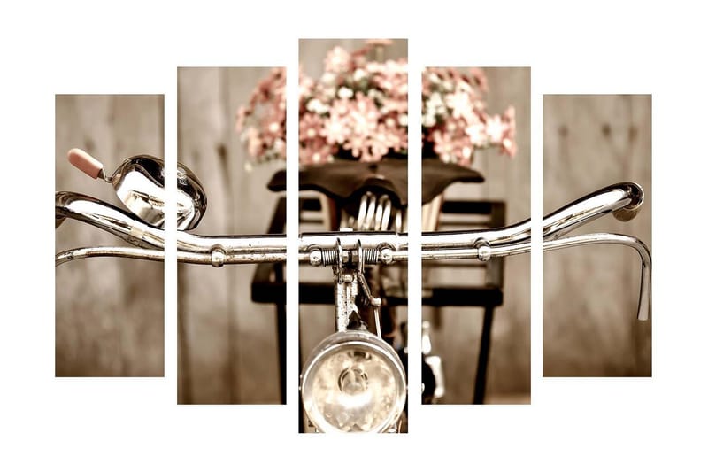 Suuri 5-osainen canvas-taulu 105x70 cm - Polkupyörän ohjaustanko ja kukat korissa - Harmaa / Vaaleanpunainen / Beige - Sisustustuotteet - Taulu & taide - Canvas-taulu