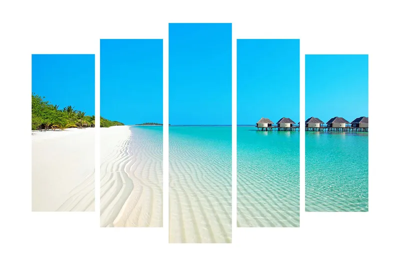 Suuri 5-osainen canvas-taulu 105x70 cm - Paratiisiranta turkoosilla vedellä ja palmuilla, Sininen / Turkoosi / Valkoinen