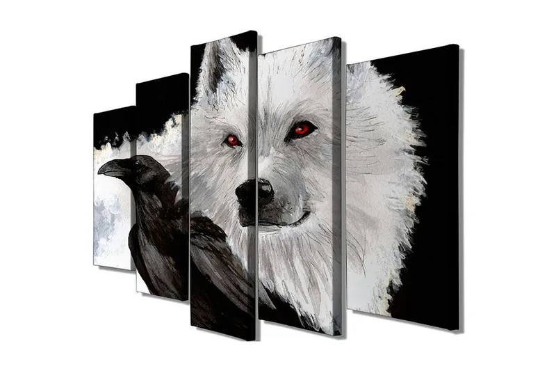 Suuri 5-osainen canvas-taulu 105x70 cm - Punasilmäinen susi ja musta varis kontrastiväreissä, Valkoinen / Musta / Punainen