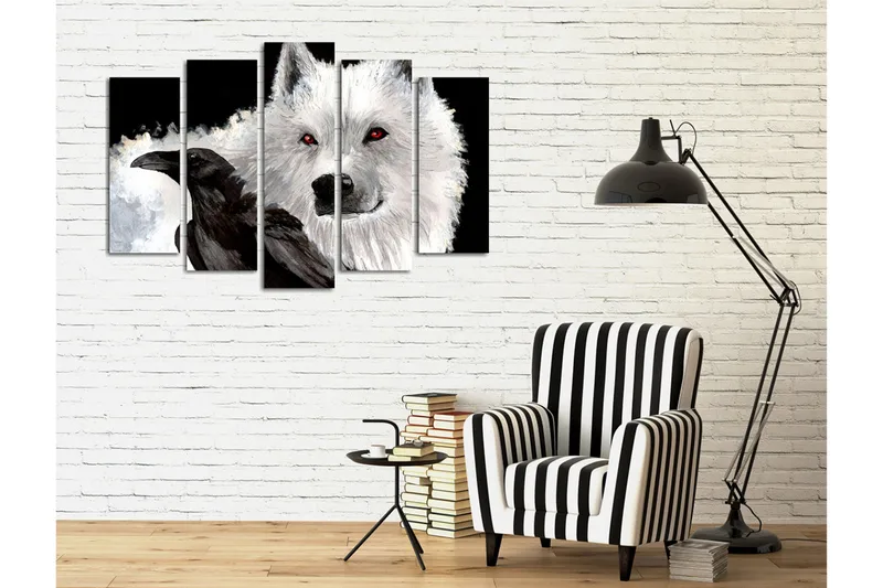 Suuri 5-osainen canvas-taulu 105x70 cm - Punasilmäinen susi ja musta varis kontrastiväreissä - Valkoinen / Musta / Punainen - Sisustustuotteet - Taulu & taide - Canvas-taulu