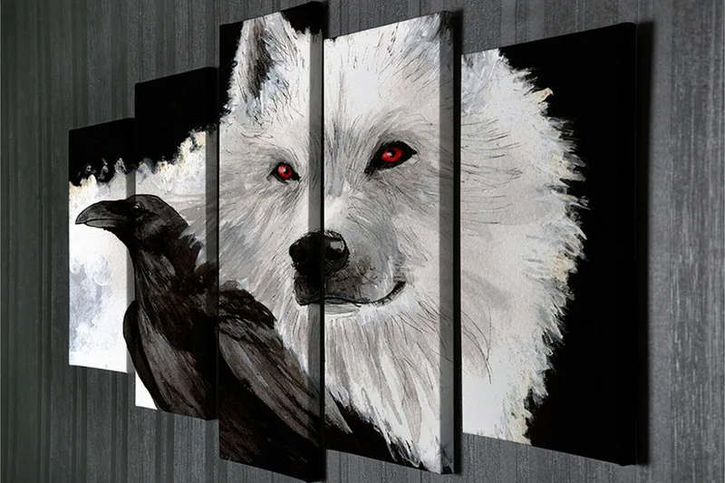 Suuri 5-osainen canvas-taulu 105x70 cm - Punasilmäinen susi ja musta varis kontrastiväreissä - Valkoinen / Musta / Punainen - Sisustustuotteet - Taulu & taide - Canvas-taulu