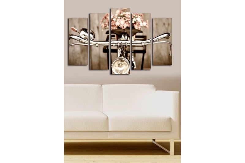 Suuri 5-osainen canvas-taulu 105x70 cm - Polkupyörän ohjaustanko ja kukat korissa - Harmaa / Vaaleanpunainen / Beige - Sisustustuotteet - Taulu & taide - Canvas-taulu