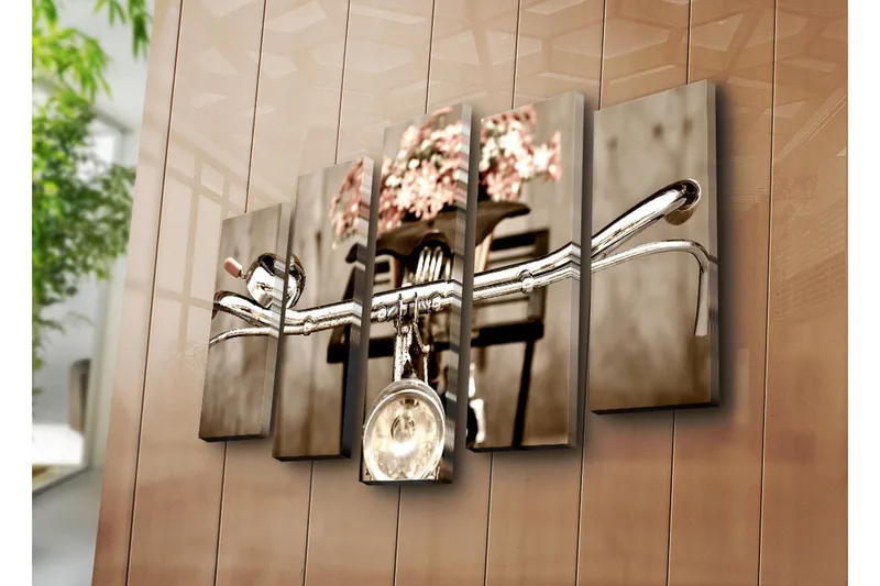 Suuri 5-osainen canvas-taulu 105x70 cm - Polkupyörän ohjaustanko ja kukat korissa - Harmaa / Vaaleanpunainen / Beige - Sisustustuotteet - Taulu & taide - Canvas-taulu