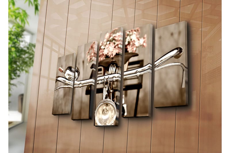 Suuri 5-osainen canvas-taulu 105x70 cm - Polkupyörän ohjaustanko ja kukat korissa - Harmaa / Vaaleanpunainen / Beige - Sisustustuotteet - Taulu & taide - Canvas-taulu