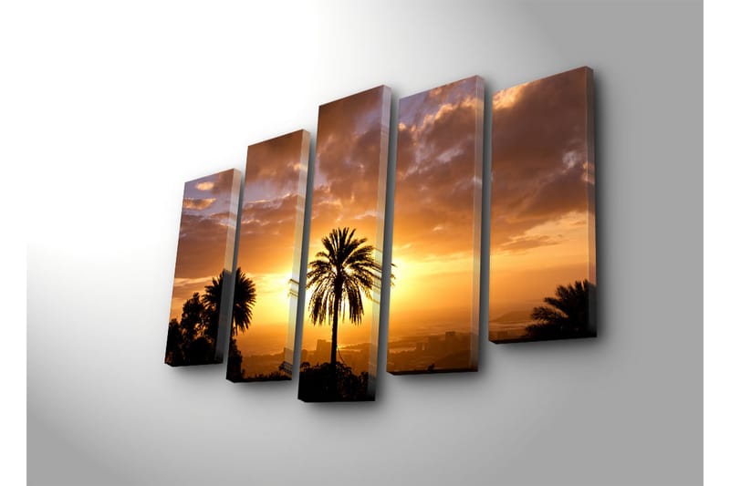 Suuri 5-osainen canvas-taulu 105x70 cm - Palmujen siluetti auringonlaskua vasten lämpimin sävyin - Oranssi / Kulta / Musta - Sisustustuotteet - Taulu & taide - Canvas-taulu