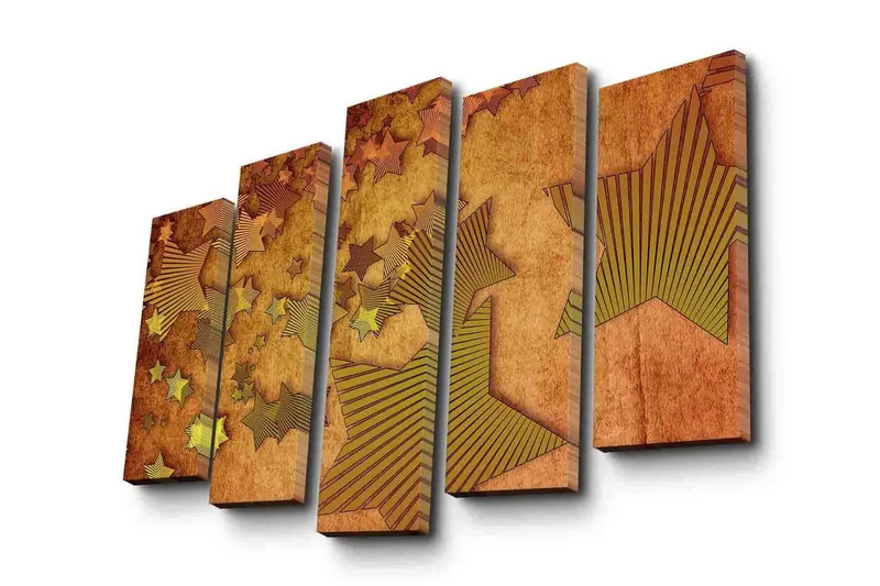 Suuri canvas-taulu, 5 osaa, 105x70 cm - Abstrakti sommitelma, jossa on erimuotoisia tähtiä, Kulta / Ruskea / Beige