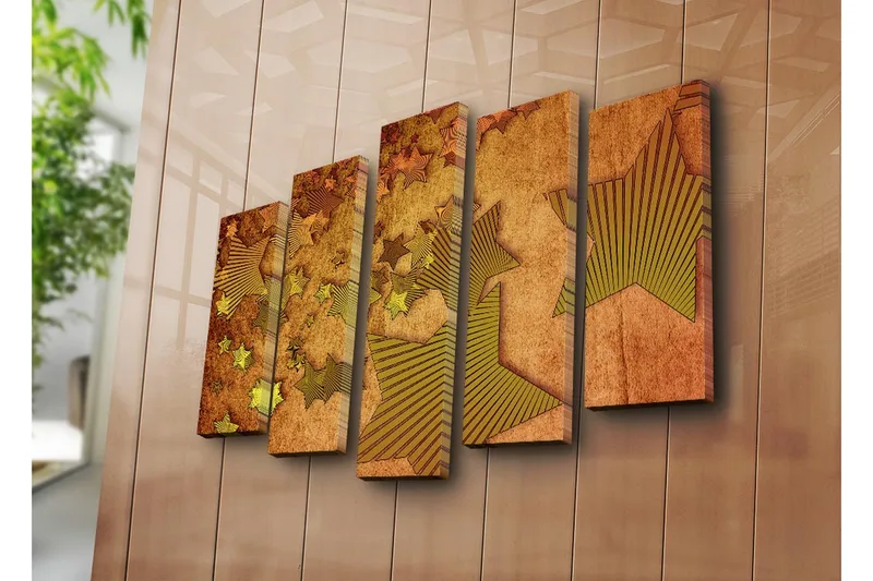 Suuri canvas-taulu, 5 osaa, 105x70 cm - Abstrakti sommitelma, jossa on erimuotoisia tähtiä - Kulta / Ruskea / Beige - Sisustustuotteet - Taulu & taide - Canvas-taulu