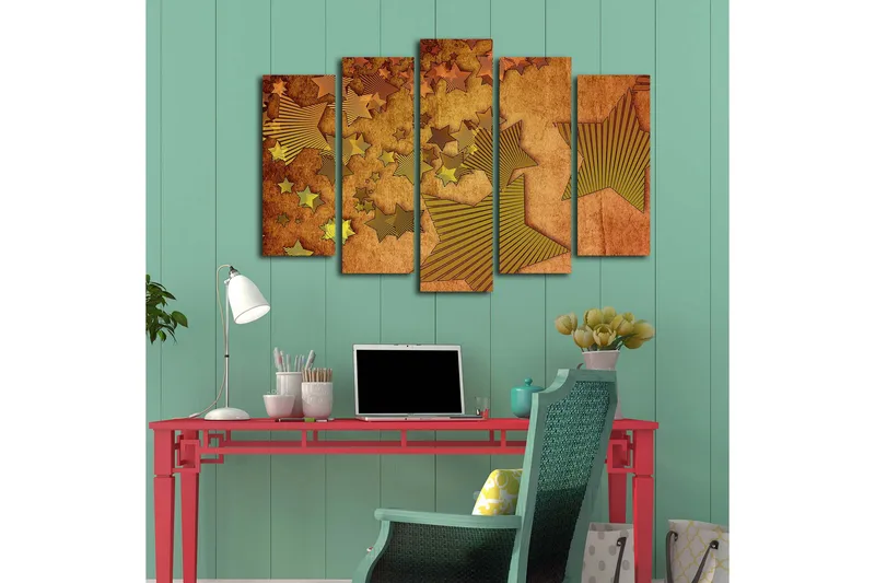 Suuri canvas-taulu, 5 osaa, 105x70 cm - Abstrakti sommitelma, jossa on erimuotoisia tähtiä - Kulta / Ruskea / Beige - Sisustustuotteet - Taulu & taide - Canvas-taulu