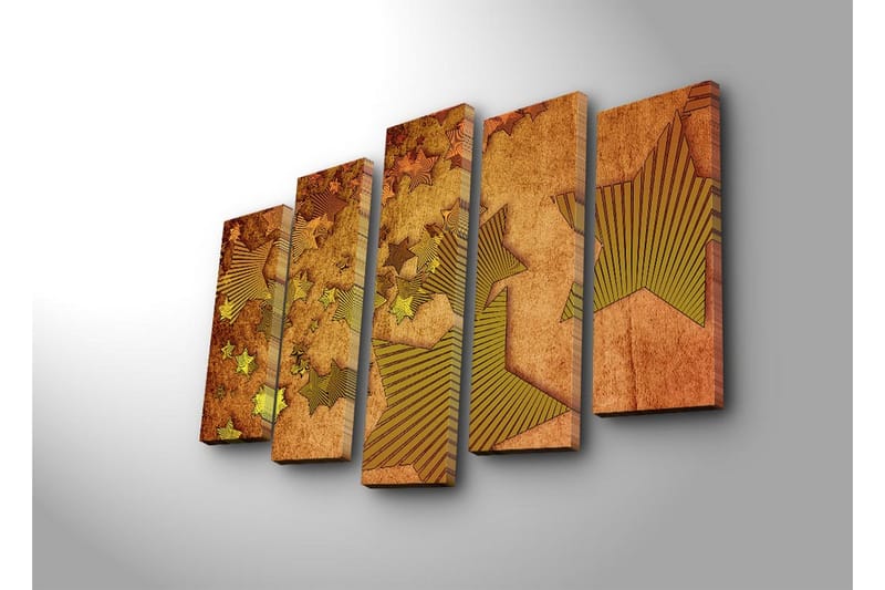 Suuri canvas-taulu, 5 osaa, 105x70 cm - Abstrakti sommitelma, jossa on erimuotoisia tähtiä - Kulta / Ruskea / Beige - Sisustustuotteet - Taulu & taide - Canvas-taulu