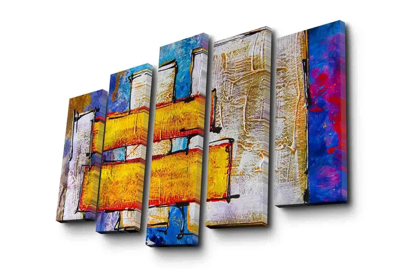 Suuri canvas-taulu, 5 osaa, 105x70 cm - Abstrakti sommitelma värikkäillä suorakulmioilla, Keltainen / Sininen / Punainen
