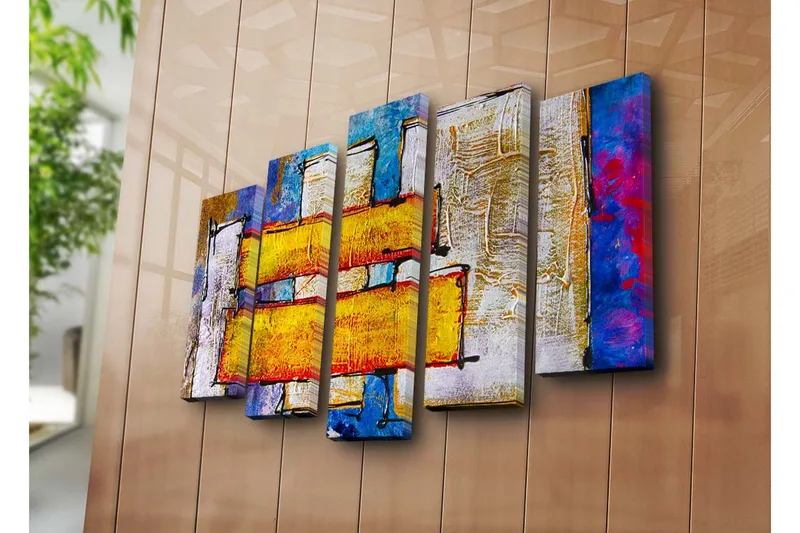 Suuri canvas-taulu, 5 osaa, 105x70 cm - Abstrakti sommitelma värikkäillä suorakulmioilla - Keltainen / Sininen / Punainen - Sisustustuotteet - Taulu & taide - Canvas-taulu