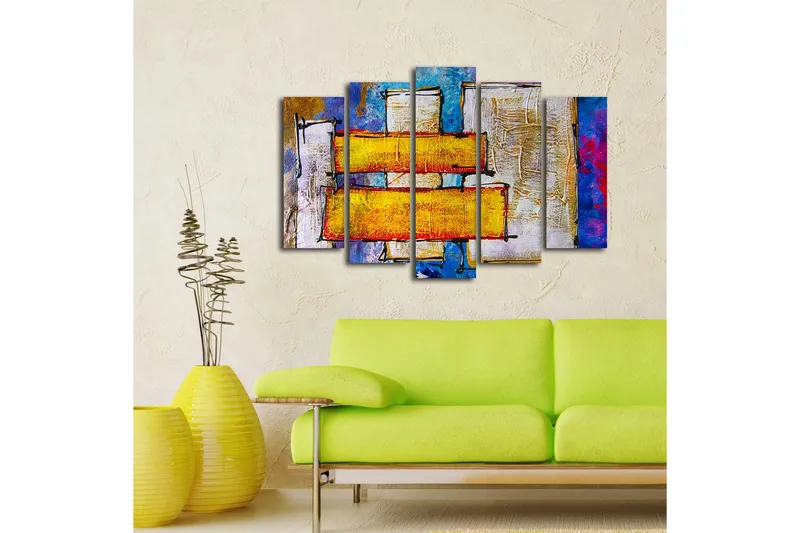 Suuri canvas-taulu, 5 osaa, 105x70 cm - Abstrakti sommitelma värikkäillä suorakulmioilla - Keltainen / Sininen / Punainen - Sisustustuotteet - Taulu & taide - Canvas-taulu