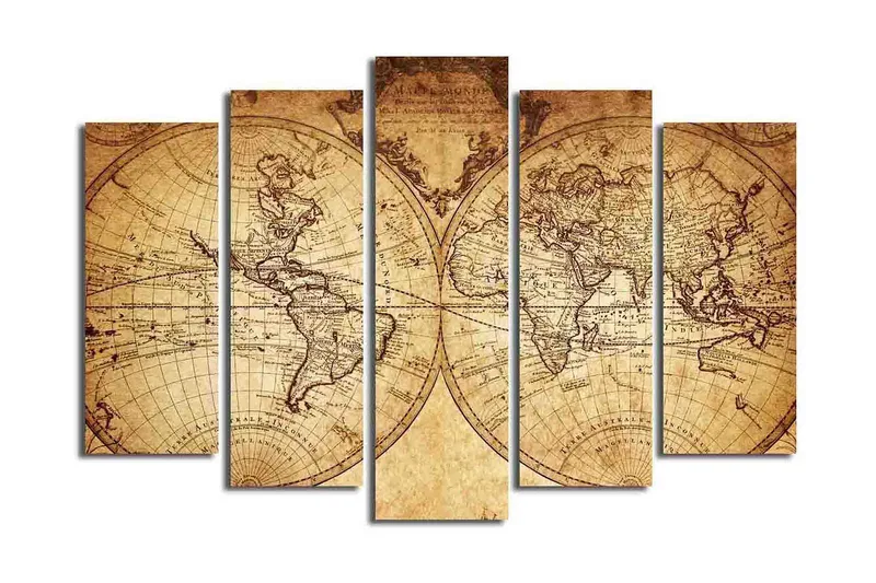 Suuri canvas-taulu, 5 osaa, 105x70 cm - Antiikkinen maailmankartta yksityiskohtaisilla ääriviivoilla ja maantieteellisillä nimillä, Beige / Ruskea