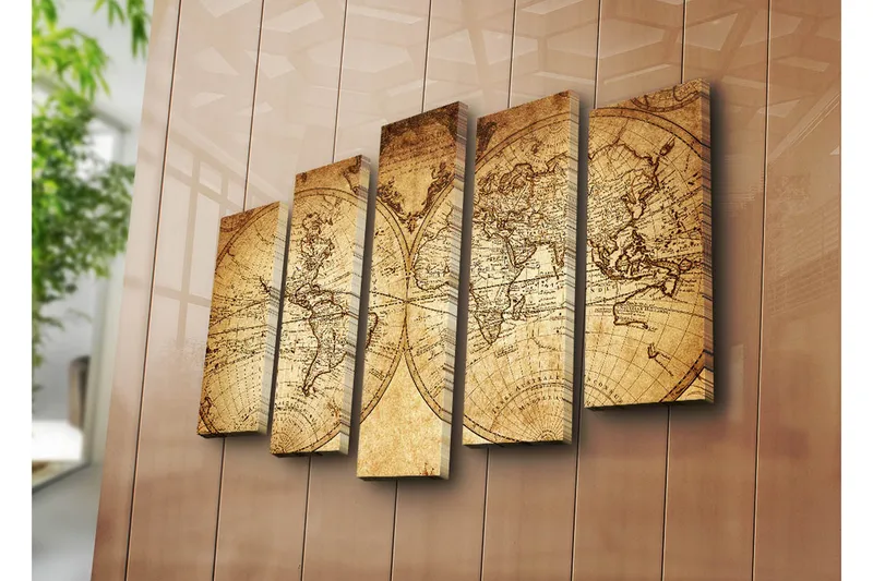 Suuri canvas-taulu, 5 osaa, 105x70 cm - Antiikkinen maailmankartta yksityiskohtaisilla ääriviivoilla ja maantieteellisillä nimillä - Beige / Ruskea - Sisustustuotteet - Taulu & taide - Canvas-taulu