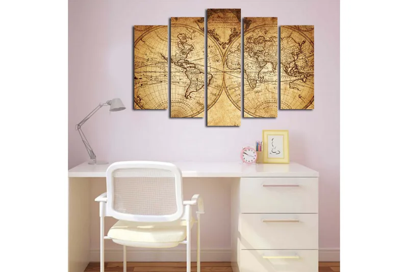 Suuri canvas-taulu, 5 osaa, 105x70 cm - Antiikkinen maailmankartta yksityiskohtaisilla ääriviivoilla ja maantieteellisillä nimillä - Beige / Ruskea - Sisustustuotteet - Taulu & taide - Canvas-taulu