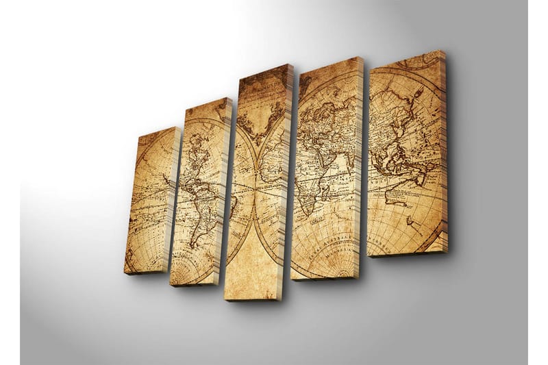 Suuri canvas-taulu, 5 osaa, 105x70 cm - Antiikkinen maailmankartta yksityiskohtaisilla ääriviivoilla ja maantieteellisillä nimillä - Beige / Ruskea - Sisustustuotteet - Taulu & taide - Canvas-taulu