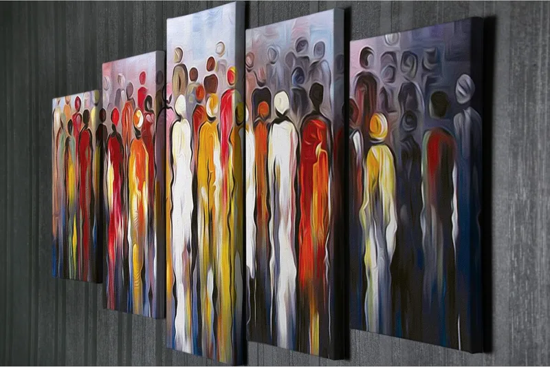 Suuri canvas-taulu, 5 osaa, 105x70 cm - Ihmissiluetit värikkäässä kokoelmassa - Punainen / Keltainen / Musta - Sisustustuotteet - Taulu & taide - Canvas-taulu