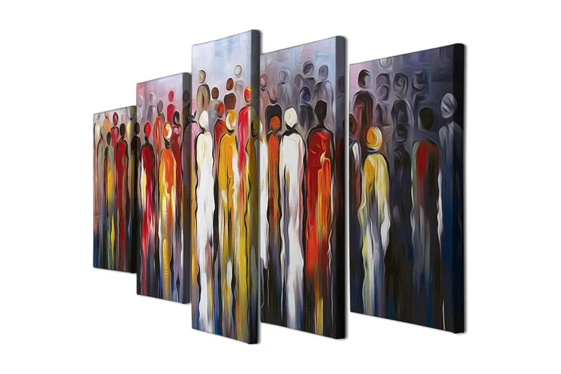 Suuri canvas-taulu, 5 osaa, 105x70 cm - Ihmissiluetit värikkäässä kokoelmassa, Punainen / Keltainen / Musta