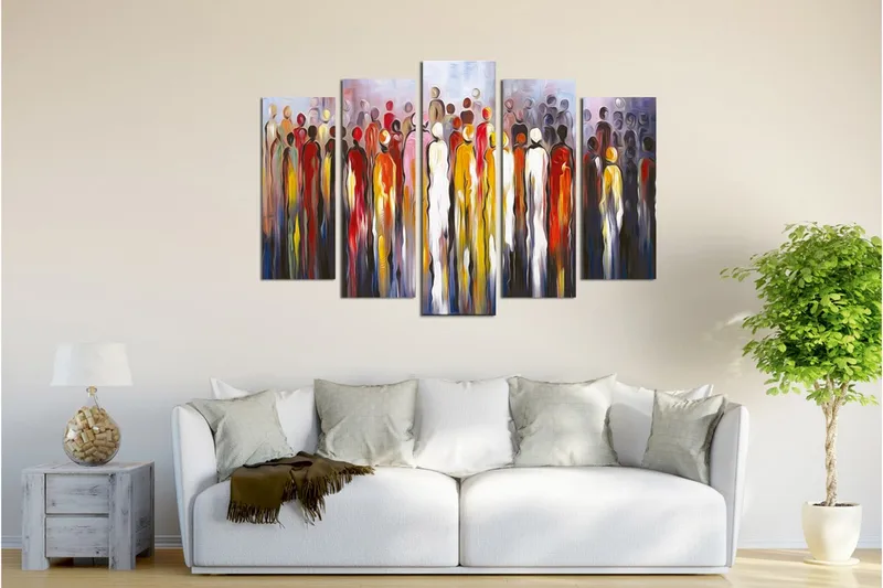 Suuri canvas-taulu, 5 osaa, 105x70 cm - Ihmissiluetit värikkäässä kokoelmassa - Punainen / Keltainen / Musta - Sisustustuotteet - Taulu & taide - Canvas-taulu