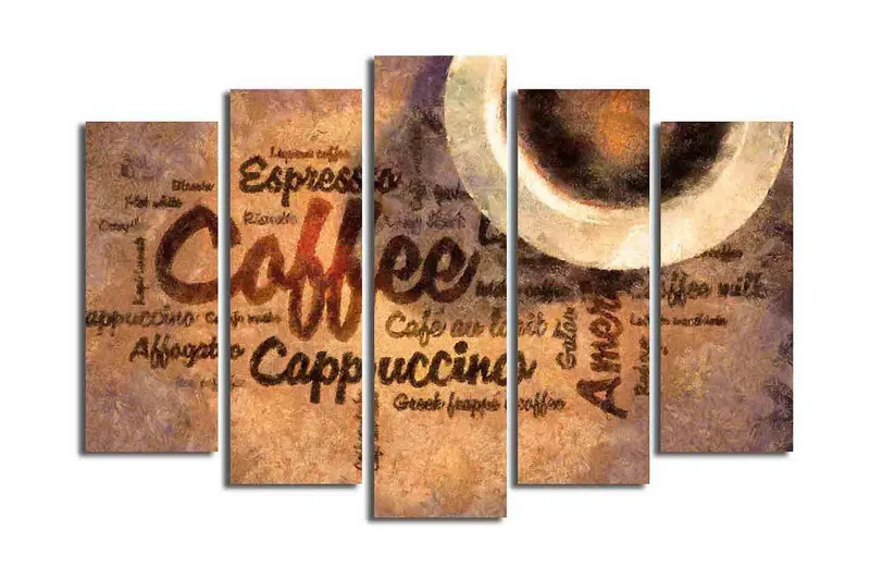 Suuri canvas-taulu, 5 osaa, 105x70 cm - Kahvista inspiroitunut taideteos tekstillä ja kahvikupeilla, Ruskea / Beige / Musta