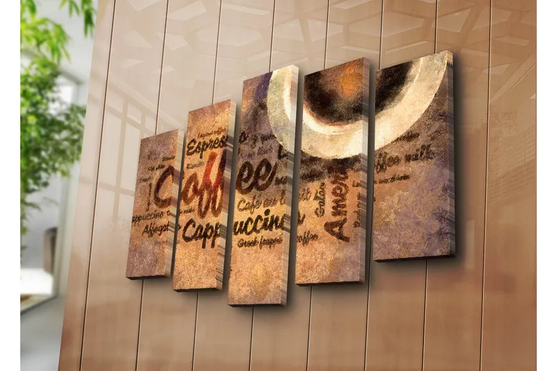 Suuri canvas-taulu, 5 osaa, 105x70 cm - Kahvista inspiroitunut taideteos tekstillä ja kahvikupeilla - Ruskea / Beige / Musta - Sisustustuotteet - Taulu & taide - Canvas-taulu