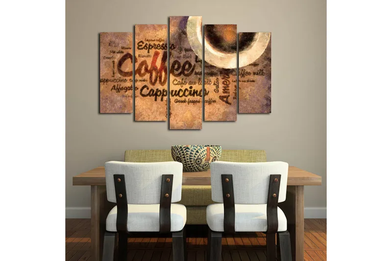 Suuri canvas-taulu, 5 osaa, 105x70 cm - Kahvista inspiroitunut taideteos tekstillä ja kahvikupeilla - Ruskea / Beige / Musta - Sisustustuotteet - Taulu & taide - Canvas-taulu