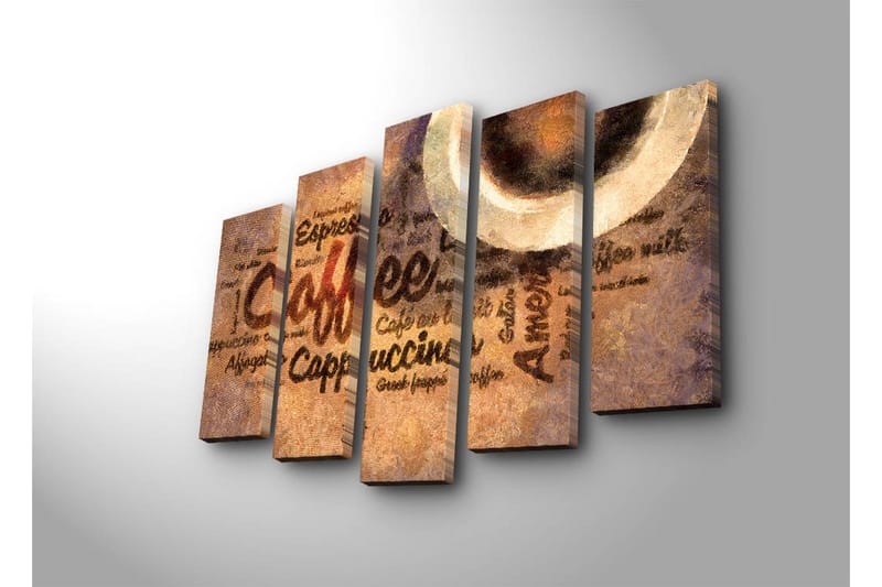 Suuri canvas-taulu, 5 osaa, 105x70 cm - Kahvista inspiroitunut taideteos tekstillä ja kahvikupeilla - Ruskea / Beige / Musta - Sisustustuotteet - Taulu & taide - Canvas-taulu