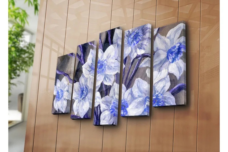 Suuri canvas-taulu, 5 osaa, 105x70 cm - Kauniita sinisiä ja valkoisia kukkia - Sininen / Valkoinen / Violetti - Sisustustuotteet - Taulu & taide - Canvas-taulu
