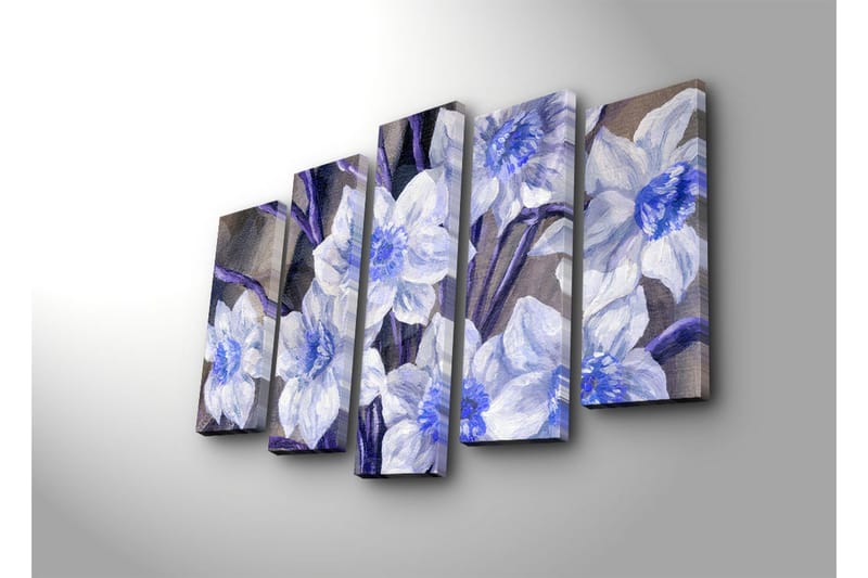 Suuri canvas-taulu, 5 osaa, 105x70 cm - Kauniita sinisiä ja valkoisia kukkia - Sininen / Valkoinen / Violetti - Sisustustuotteet - Taulu & taide - Canvas-taulu