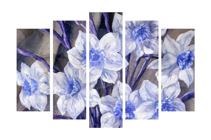 Suuri canvas-taulu, 5 osaa, 105x70 cm - Kauniita sinisiä ja valkoisia kukkia - Sininen / Valkoinen / Violetti - Sisustustuotteet - Taulu & taide - Canvas-taulu