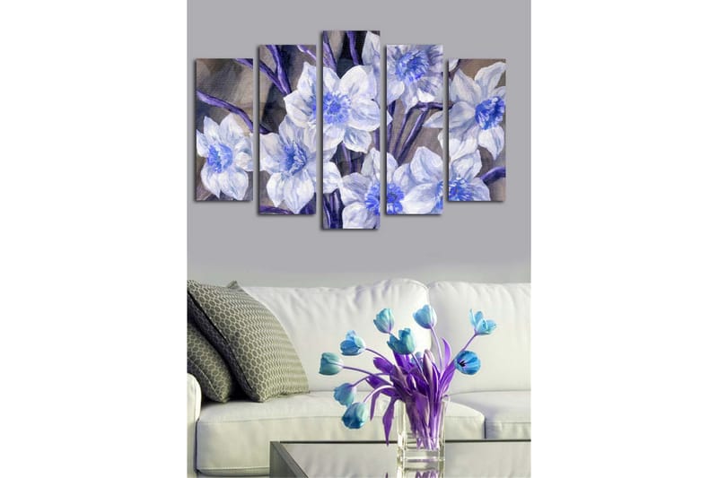 Suuri canvas-taulu, 5 osaa, 105x70 cm - Kauniita sinisiä ja valkoisia kukkia - Sininen / Valkoinen / Violetti - Sisustustuotteet - Taulu & taide - Canvas-taulu